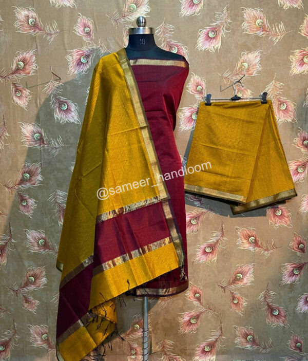 Tvis and Bliss. Magenta and Peacock Blue Hand Block Print Maheshwari Silk  Dress Material